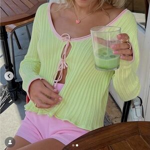 Blanca Line Lime Green Ribbed Long Sleeve Top with Pink Trim